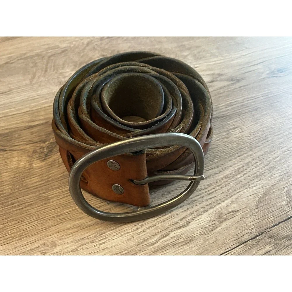American Eagle Leather Belt with Buckle WIDE BRAIDED Retro Vintage Boho Hippy